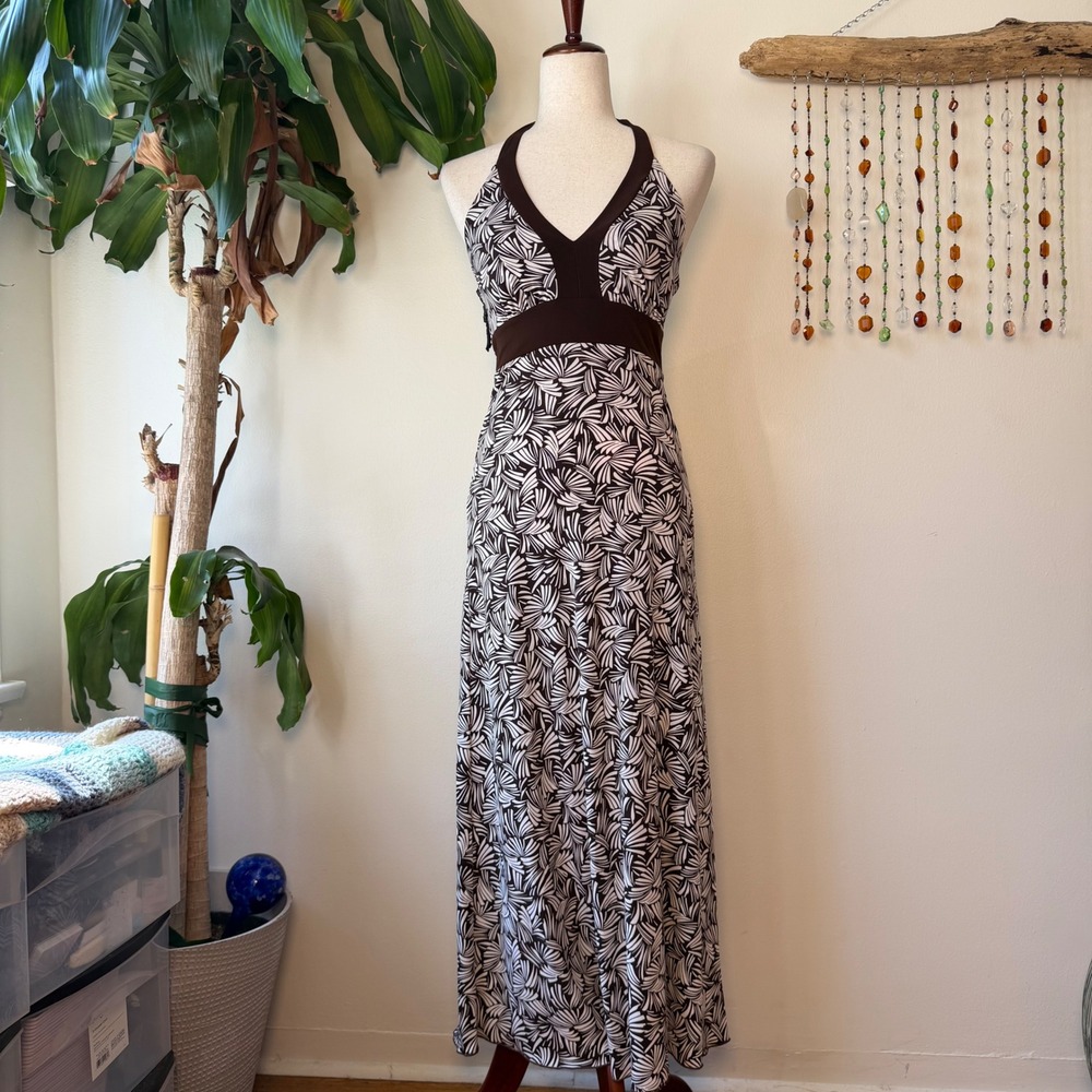 In Focus Studio Brown Floral Halter Maxi Dress Y2K Resort Beach USA Boho Fairy S